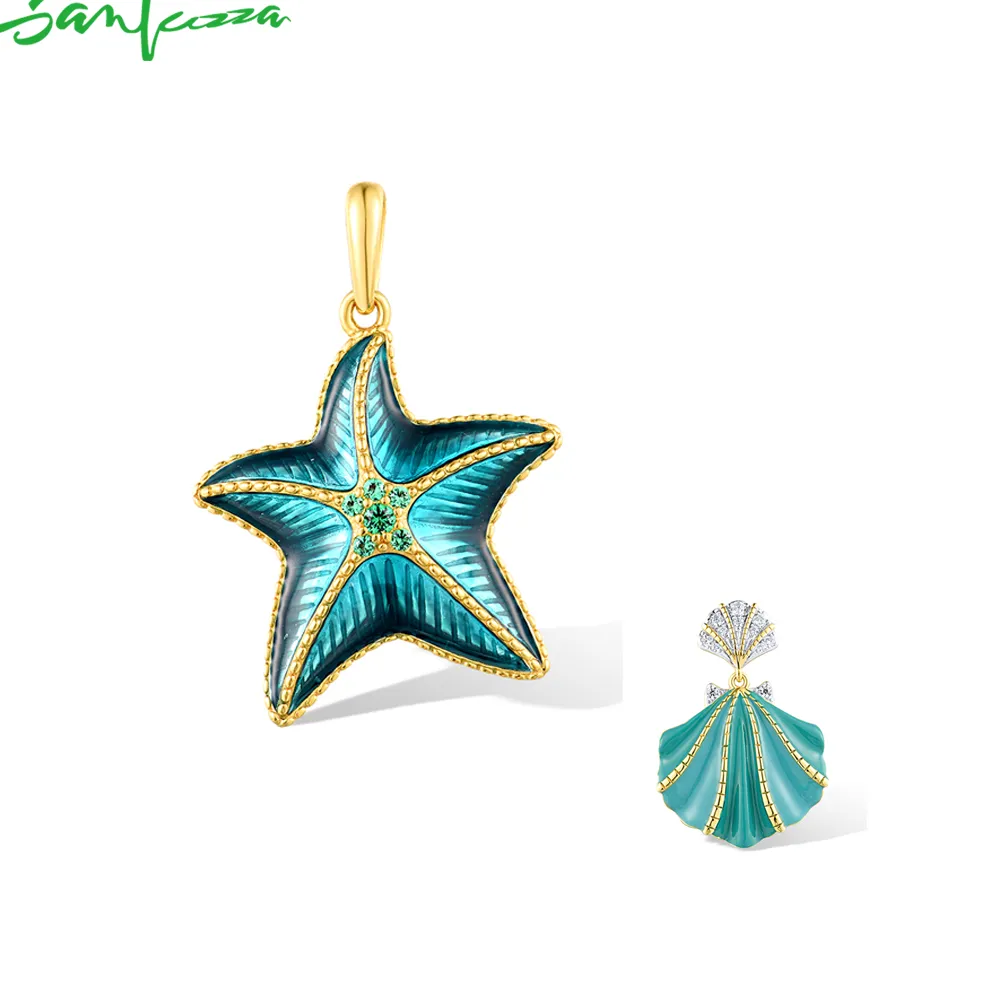 Authentic SANTUZZA Real 925 Sterling Silver Pendant for Women Sparkling Green Spinel Enamel Delicate Star Fish Wedding Party Fine Jewelry
