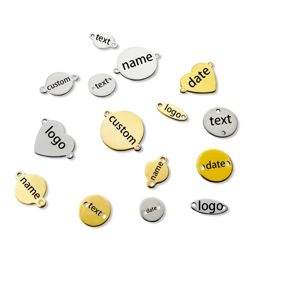 Authentic 20/50pcs Custom Logo Laser Engraved 2 holes Round Charms 8mm 10mm 12mm 15mm Oval Tags Heart Charms Connectors