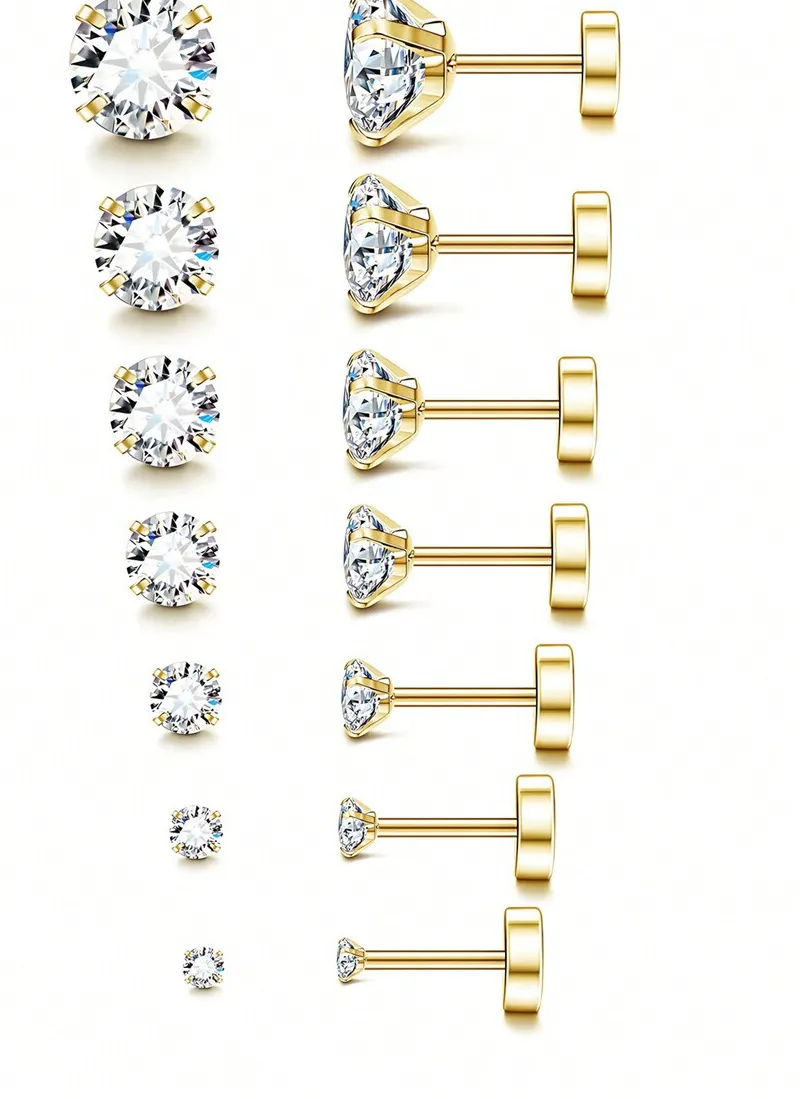 Authentic Stud Earrings With Flat Back For Women, Cubic Zirconia Surgical Stainless Steel Earring Jewelry 2-8mm