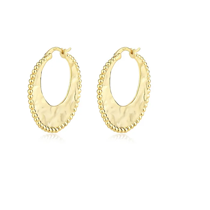 Authentic 28mm 100%  925 Sterling silver Irregular Texture Circle & Beads Pattern Piercing Hoop Huggie earring Jewelry C-E2312
