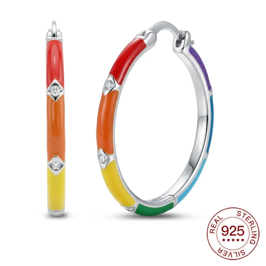 Authentic 925 Sterling Silver Hot Sale Rainbow Ear Hoop 28mm Earrings Women's Jewelry Elegant Daily Wear Love Gifts Fashion Stud Earring