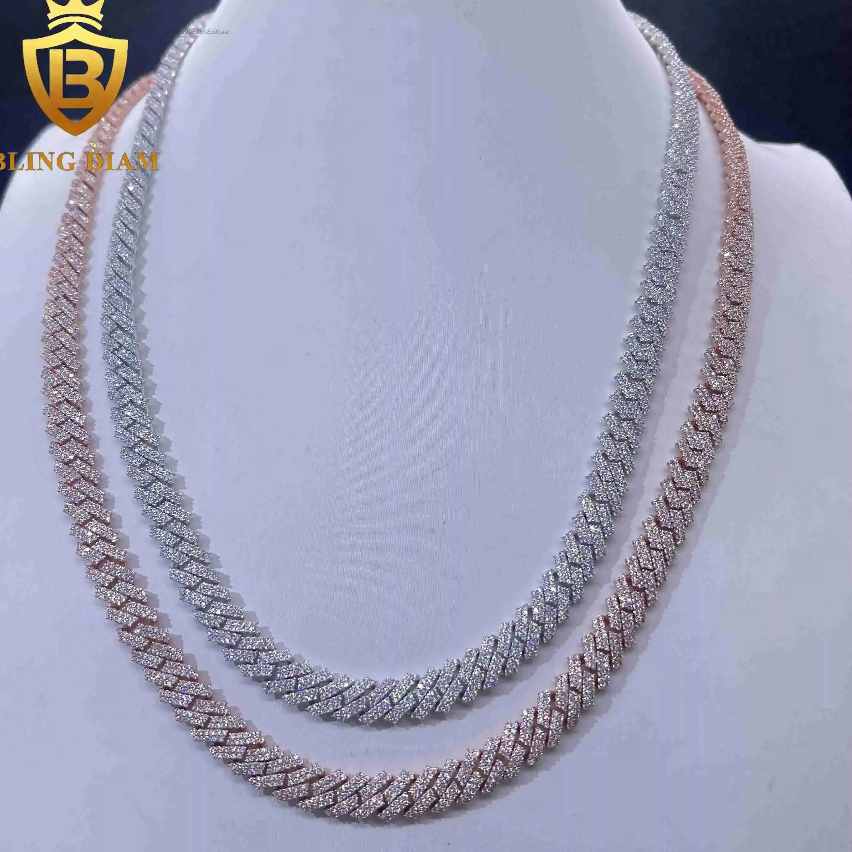 Authentic Fashion 8mm Hip Hop Jewelry 2 Rows Moissanite Iced Out Miami Rose Gold Cuban Link Chain 925 Sterling Silver Necklace for Men..
