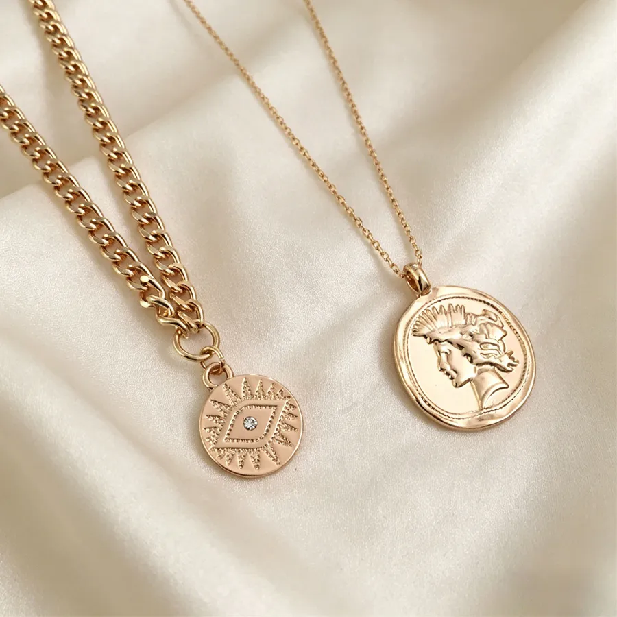 Authentic Gold Color Layered Coin & Evil Eye Necklace Set Cuban & Thin Chain Stacked Pendant Vintage Statement Jewelry for Women