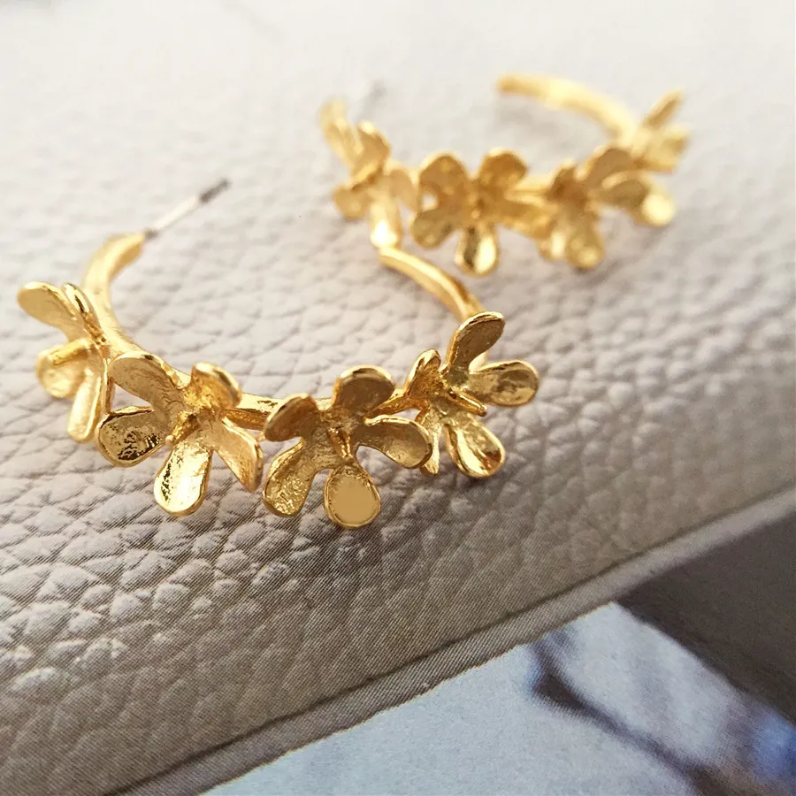 Authentic 18K Gold Plate Punk Gold Color Big Flower Hoop Earrings For Women Minimalist Statement Chain Earrings Party Jewelry Hoops
