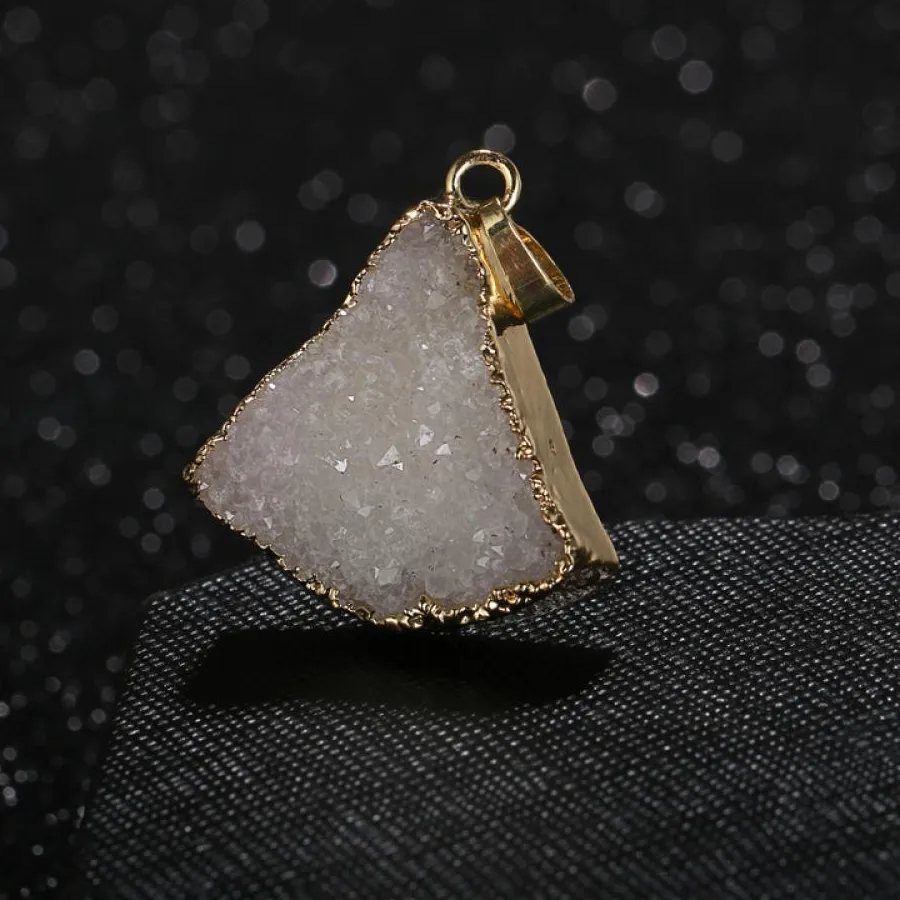 Authentic mankuu 28mm fan shape natural white druzy stone healing crystal pendant gold plated jewelry for making diy necklace earrings