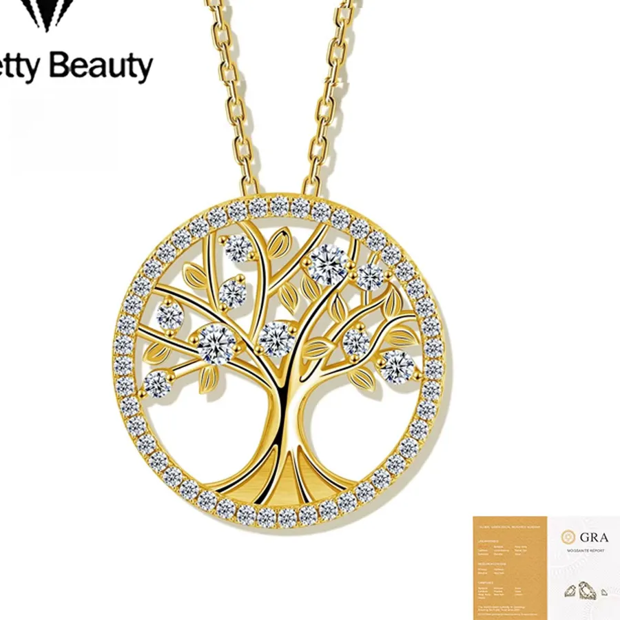 Authentic Pretty Beauty Moissanite Tree of Life Pendant Necklace for Women 925 Sterling Silver Gold Plated Jewelry Birthday for Mom