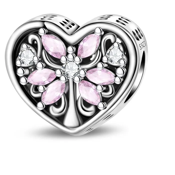 Authentic 925 Sterling Silver Heart Shaped Pink Tree Of Life Charms Beads For Women Fit Original Bracelet DIY Birthday Party Jewelry Gift