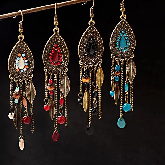 Authentic TopHanqi Womens Bohemia Ethnic Bronze Water Drop Earring Multicolor Stone Metal Leaf Pendant Long Tassel Earrings Indian Jewelry