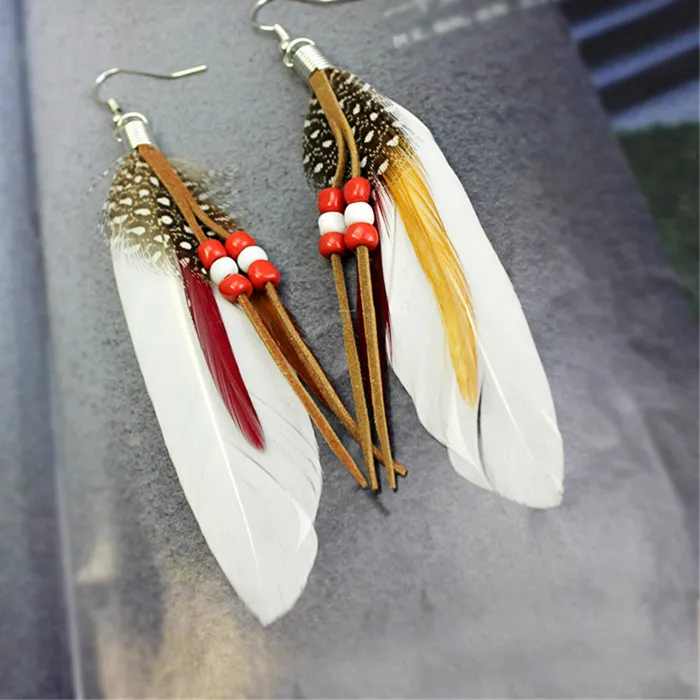 Authentic Tassel Dangling Earrings Colorful Feather Leather Beads Earrings Indian Feathers  Summer Womens Fashion Jewelry 1 pair