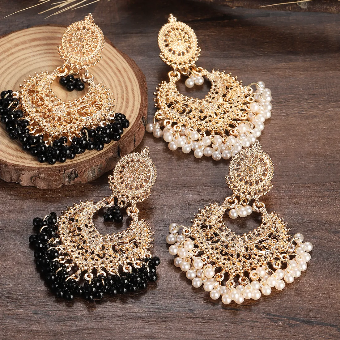 Authentic Ethnic Gold Color Indian Jhumka Earrings for Women Pendient Heart Shape Beads Tassel Earring 2023 Vintage Brincos Jewelry