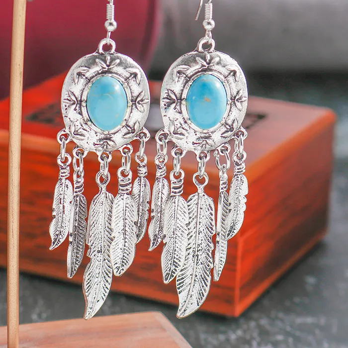 Authentic Antique Silver Plated Oval Turquoise Multi Feather Tassel Fish Hook Long Dangle Earrings for Women, Vintage Native Tribal Bohemian Full Drop Jewelry, Hypoallergenic Quiet Luxury Gift