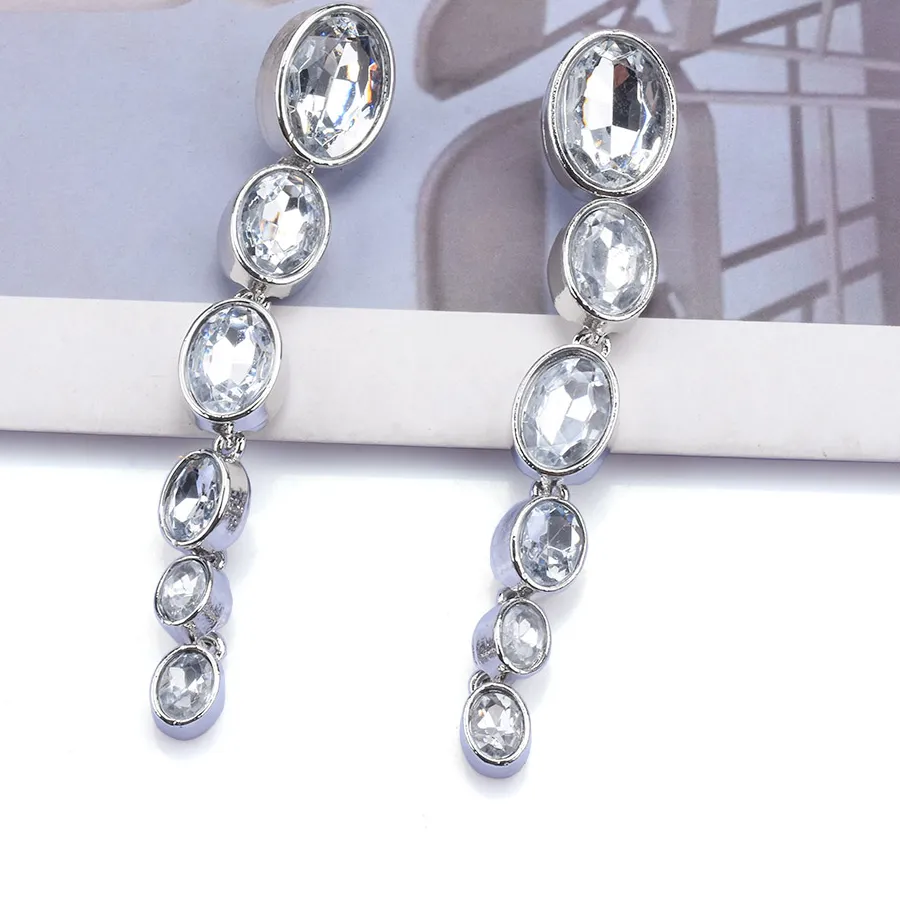 Authentic 2026 Inlay Crystal Oval Metal Shape Long Link Earrings Women Elegant Statement Indian Statement Earrings Jewelry