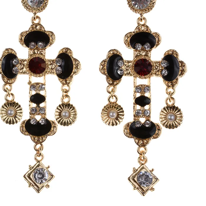 Authentic Ethnic Statement Baroque Cross Earrings Indian Black White Enamel Drip Oil Dangle Earring Jewelry