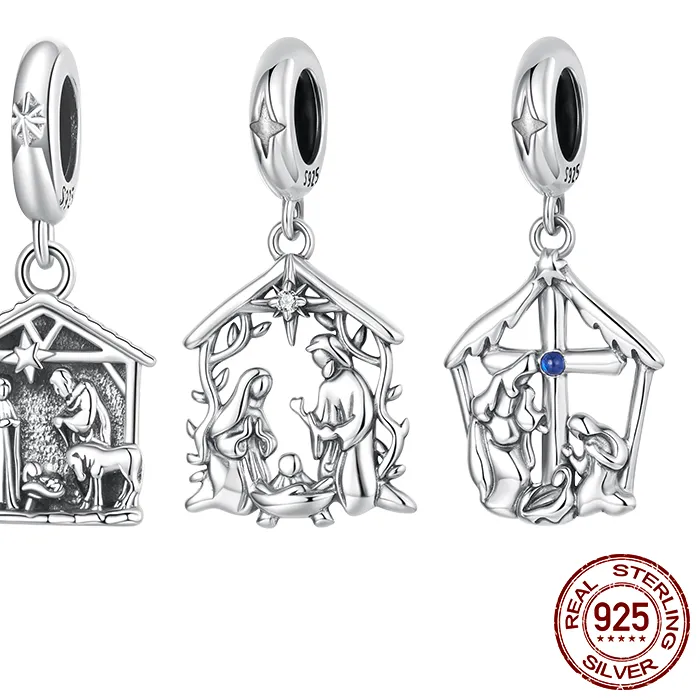 Authentic Bamoer 925 Sterling Silver Jesus Nativity Pendant Blue Evil Eye Cross Charms Beads Fit Original Bracelets Fine DIY Jewelry Gifts