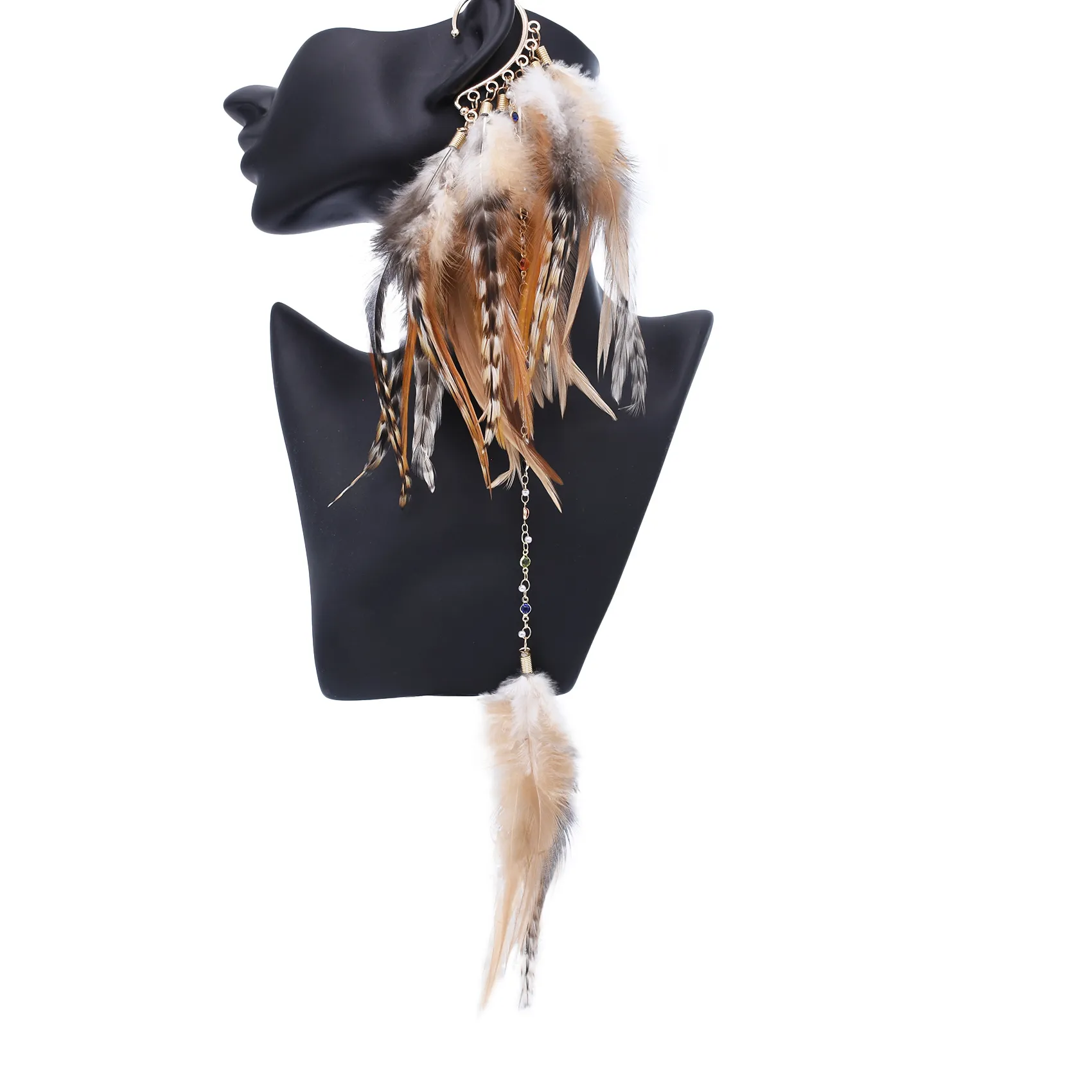 Authentic Bohemian Ethnic Style Feather Drop Earrings Non-Pierced Long Women Feather Ear Cuff Jewelry Indian Tribe Accessories