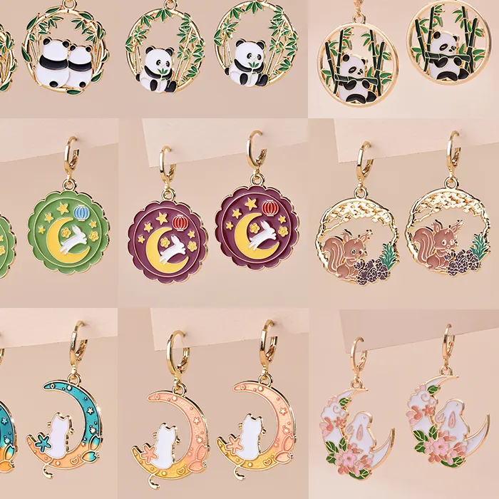 Authentic Gold Color Hoop Earrings Girls Lovely Animal Cat Rabbit Squirrel Panda Sweet Dangle Earrings Enamel Jewelry