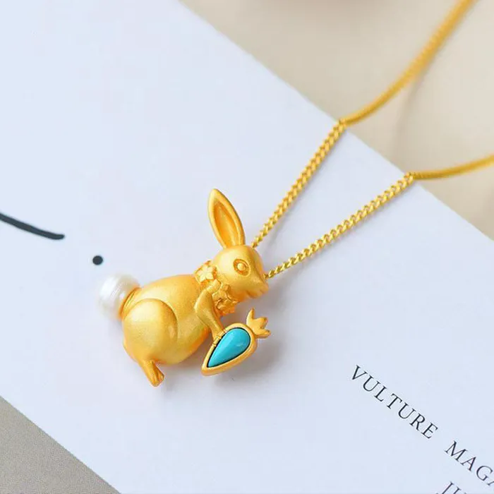 Authentic Ancient gold craftsmanship inlaid turquoise rabbit necklace pendant light luxury cute elegant ladies engagement silver jewelry