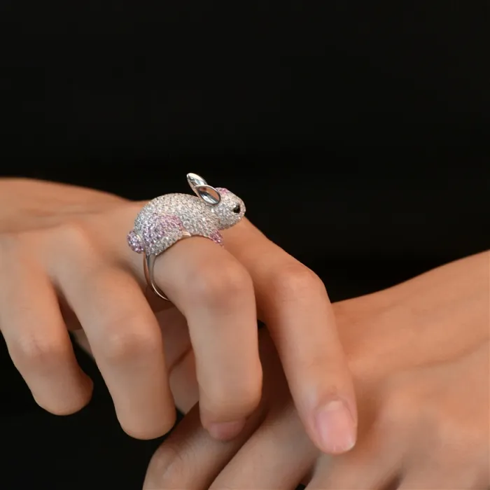 Authentic CAMEO 925 Silver White Plated Gold Cute Rabbit Ring Pink White Cubic Zirconia Animal Design Jewelry Daily Wear Fashion Gift
