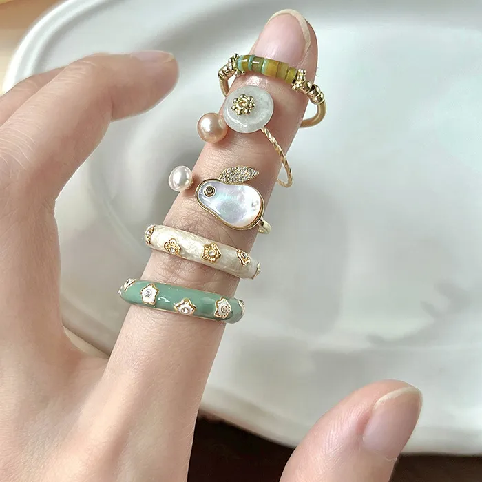 Authentic 925 Sterling Silver plated Rabbit Pearl Enamel Glaze Ring for Women Girl Crystal Green Flower Gold Jewelry