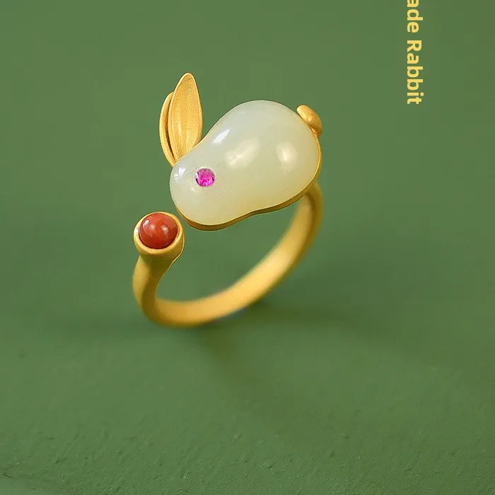 Authentic Moonlit Abundance: White Jade Rabbit Ring of Fertility and Charm