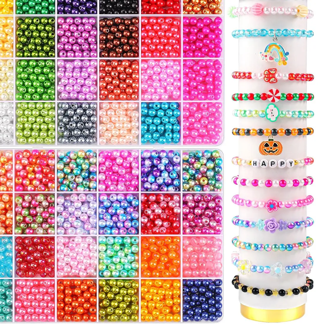 Authentic 2400PCS 48 Compartments Pearl Jewelry 48 Colors 6 mm Pearl Bracelet Making Kit, 2 Boxes of Round Beads for Beginners