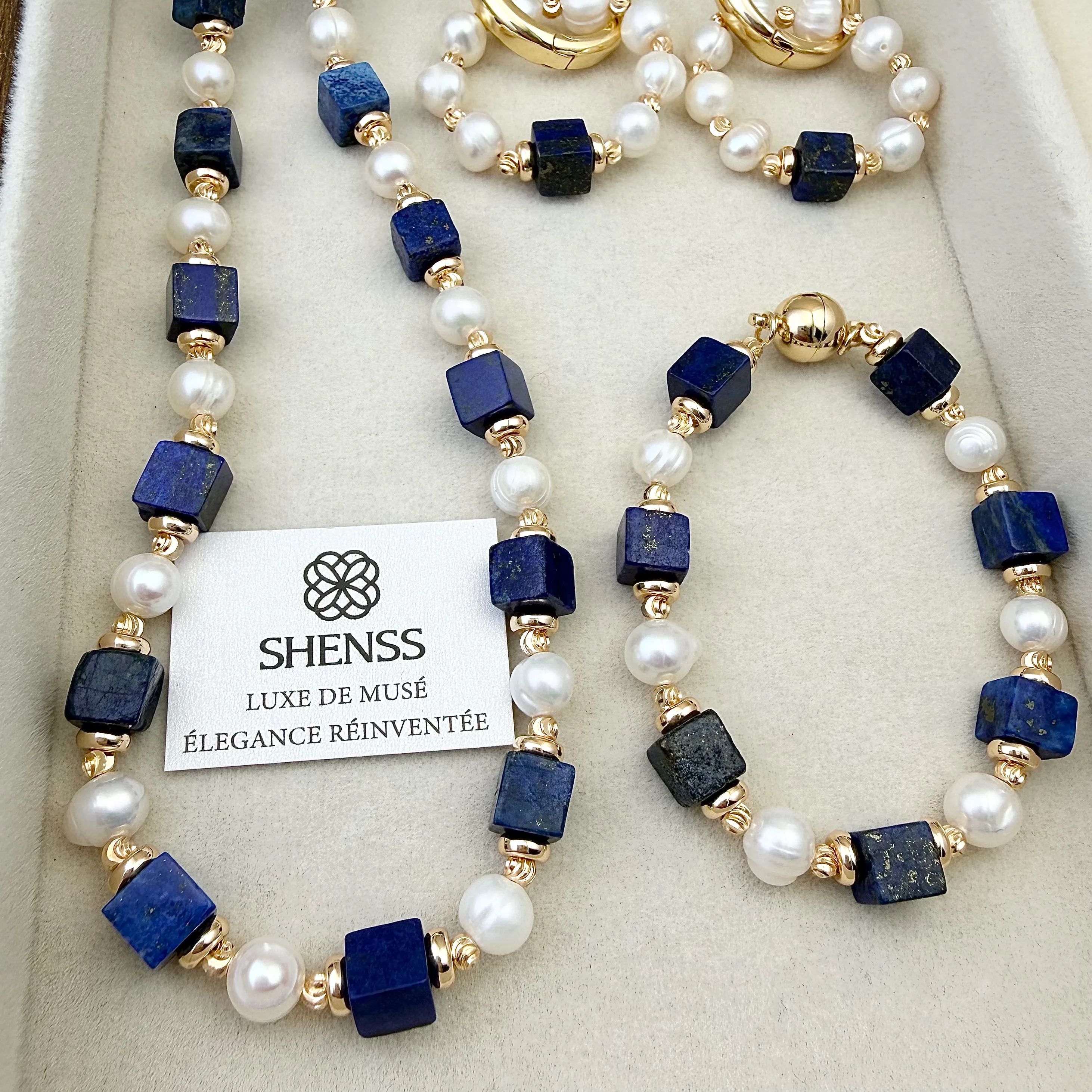 Authentic Natural Lapis Lazuli Cube Freshwater Pearl Jewelry Blue White Contrast Necklace Bracelet Earrings Elegant Versatile
