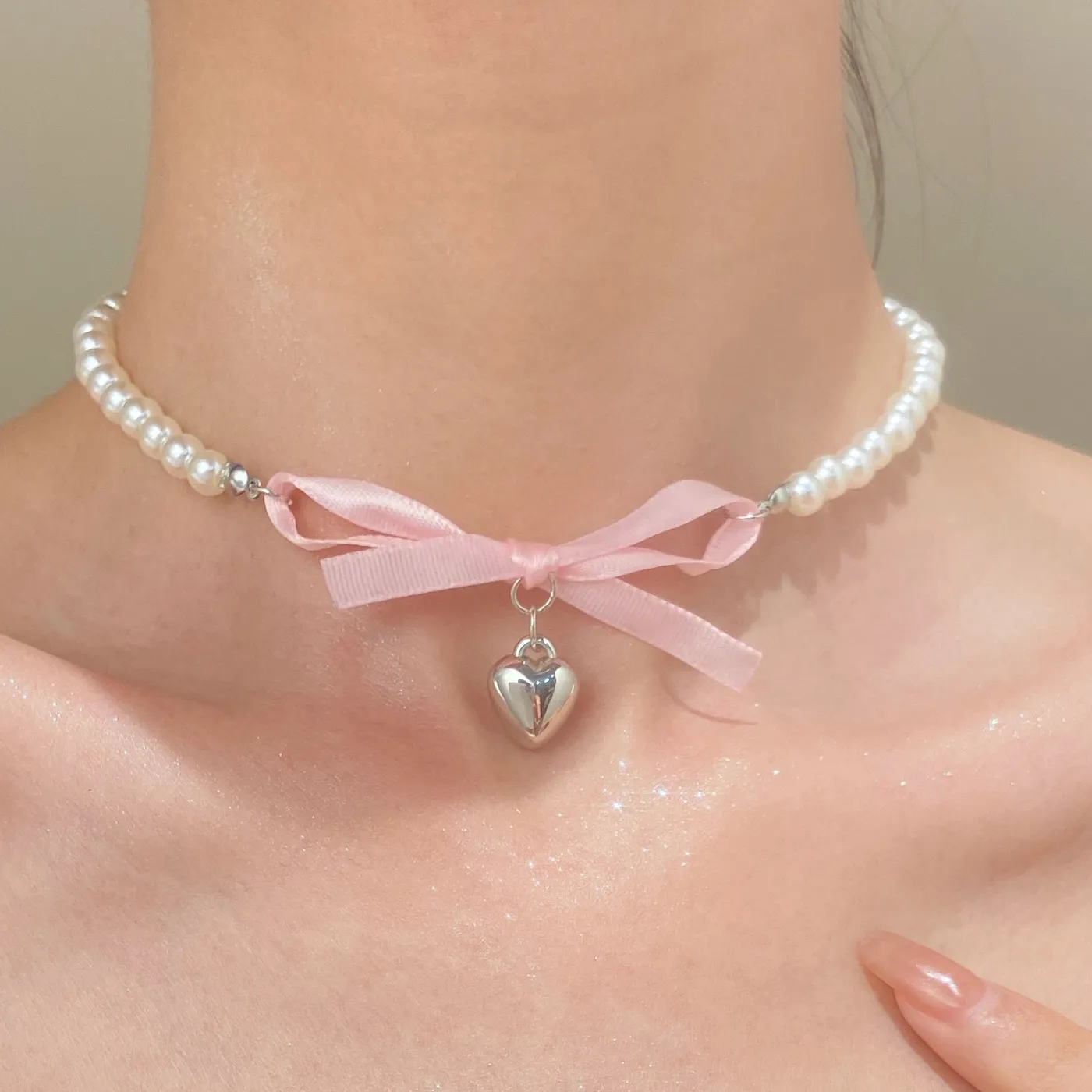 Authentic French Romantic Pink Bowknot Heart Pendant Pearl Necklace Jewelry 2026 Trending Women's Sweet Pure Desire Bow Necklaces