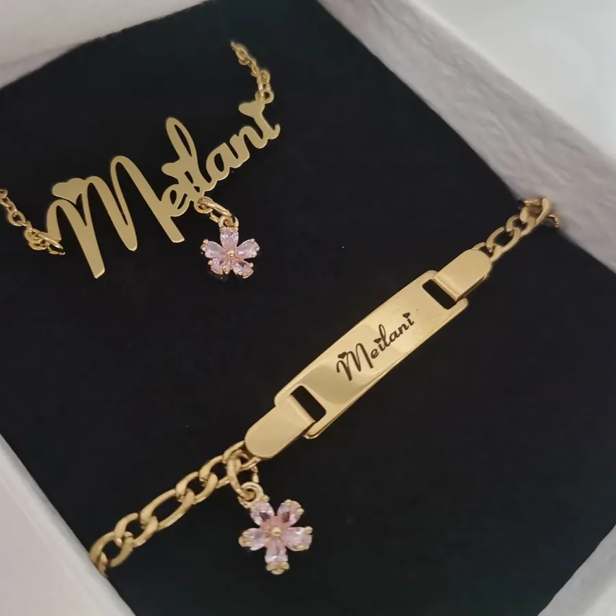 Authentic LeeChee Flower Zircon Small Pendant Custom Name Letter Nameplate Necklace Engraved Bracelet Cute Jewelry Set Gift For Kids