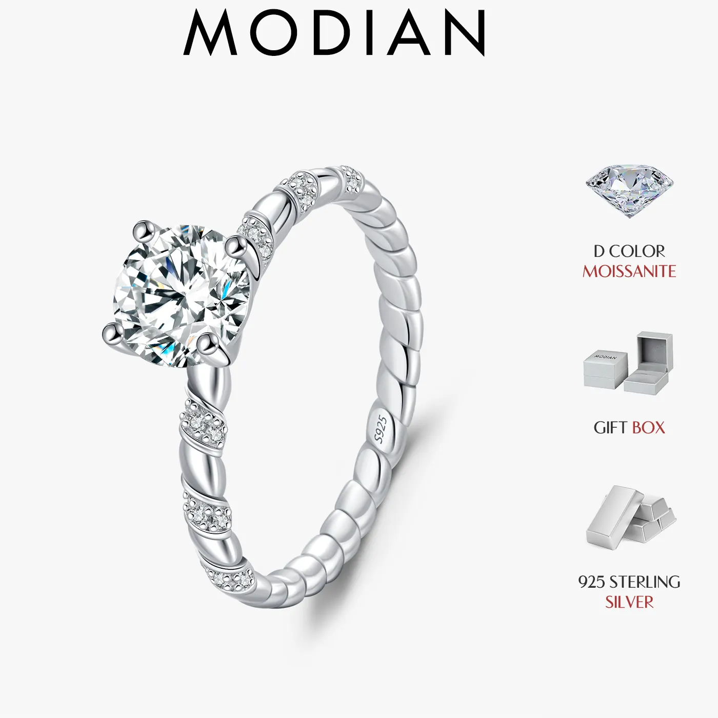 Authentic MODIAN 1CT Moissanite 925 Sterling Silver Sparkling Twist Lab Created Diamond Wedding Band Rings For Women Bridal Fine Jewelry
