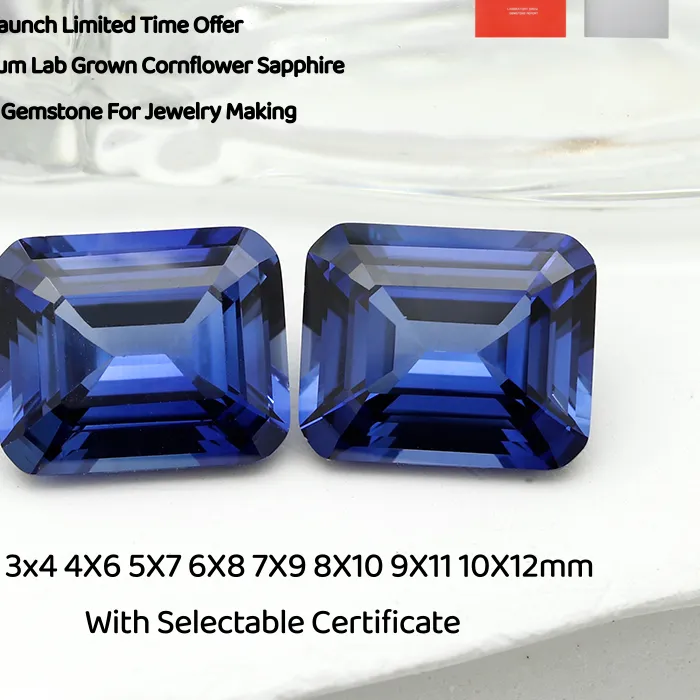 Authentic Premium Emerald Cut Lab Grown Cornflower Sapphire Flame Melted With AGL Certificate Loose Synthetic Sapphire For Jewelry Making