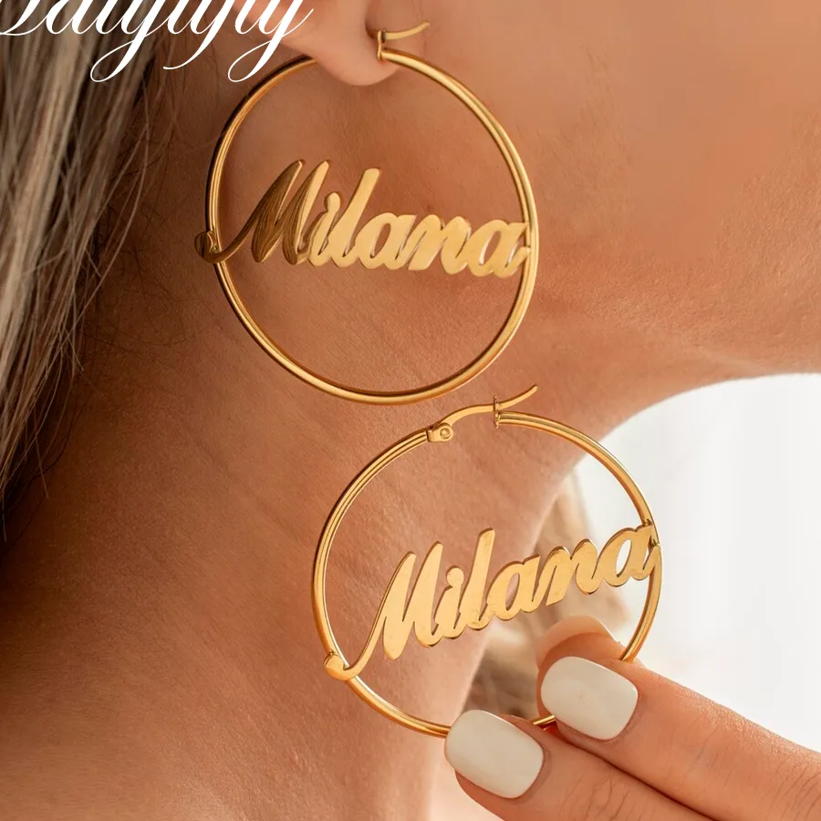 Authentic Haiyufly Custom Name Hoop Earring for Women Girls Pin Earrings Stainless Steel Jewelry Mother Kids Personalized Birthday Gift