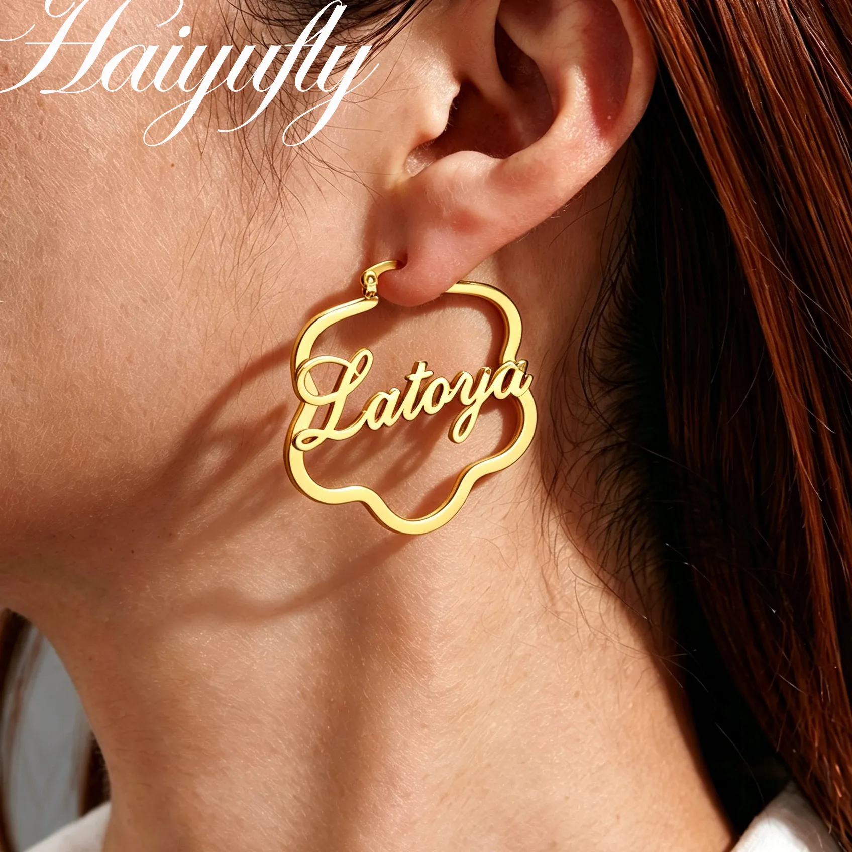 Authentic Haiyufly Custom Name Earring for Women Flower Shape Hoop Earring Stainless Steel Jewelry Personalized Mother Kids Birthday Gift