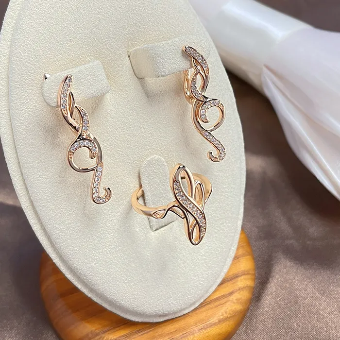 Authentic SYOUJYO Fashion Crystal Flower 585 Rose Gold Color Earrings Rings Jewelry Sets Natural Zircon Urban Lady Tassel Fine Jewelry Set