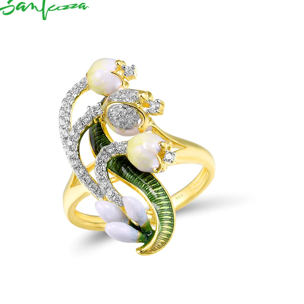 Authentic SANTUZZA Genuine 925 Sterling Silver Rings For Women White Cubic Zirconia Enamel Flower Ring Delicate Fine Jewelry Handmade