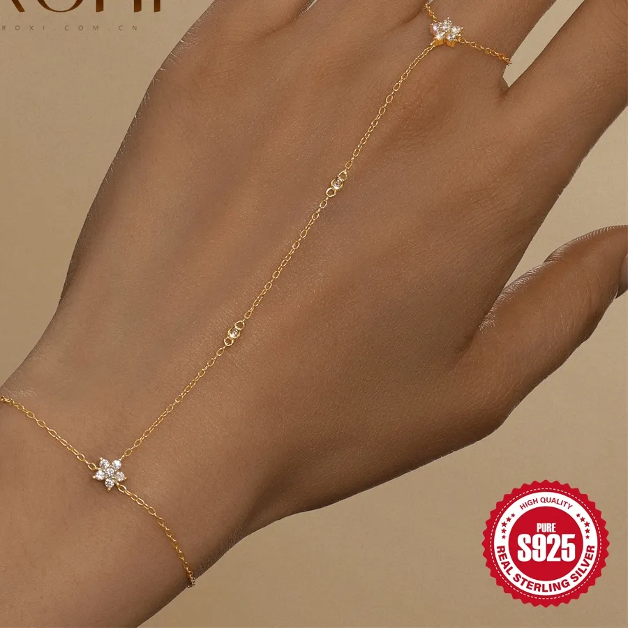Authentic ROXI 925 Sterling Silver Evil eyes Blue/White Zircon Bracelet Flower Finger Design For Women Hand Chain Bracelet Party Jewelry
