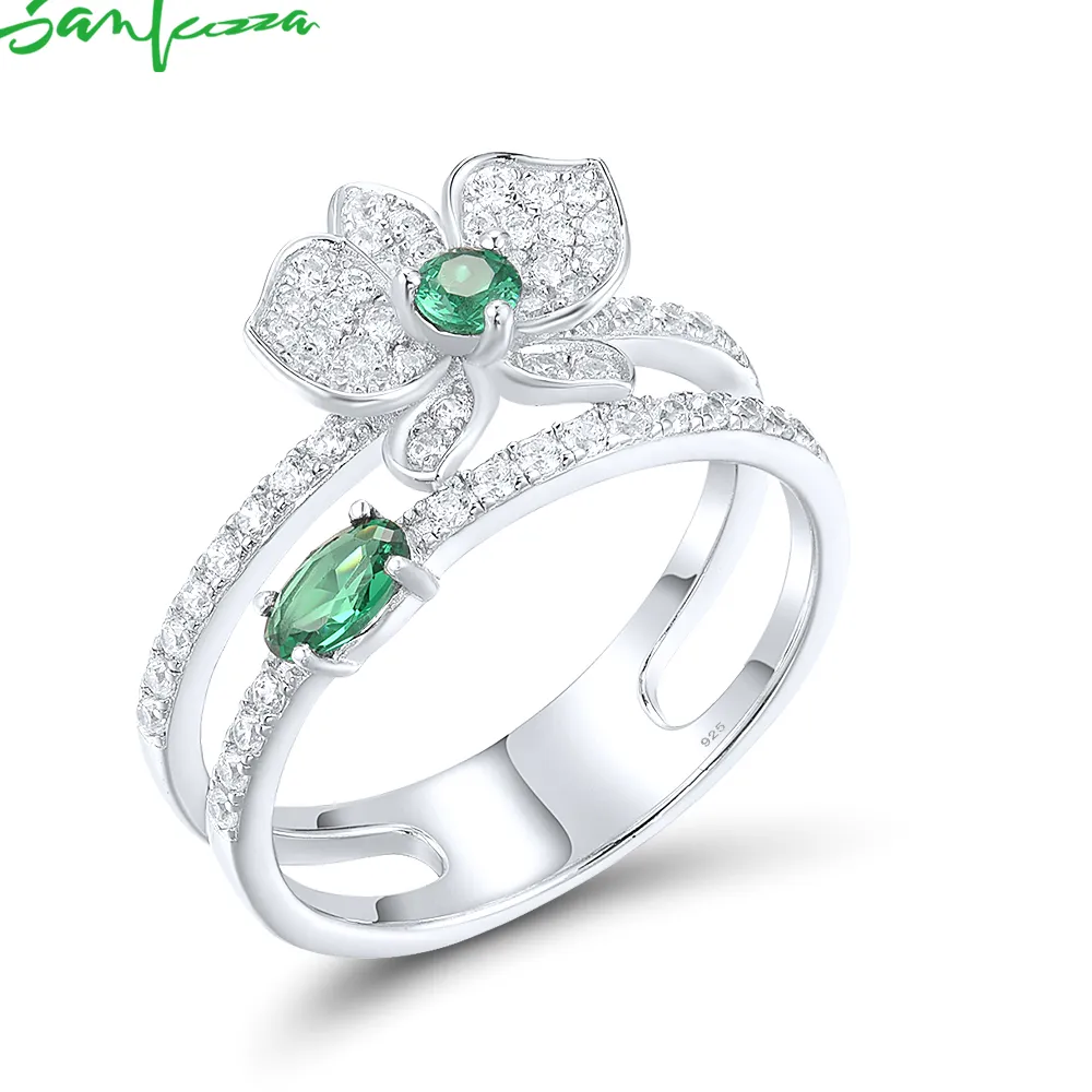 Authentic SANTUZZA Authentic 925 Sterling Silver Rings For Women Sparkling White CZ Green Spinel Orchid Flower Elegant Gifts Fine Jewelry