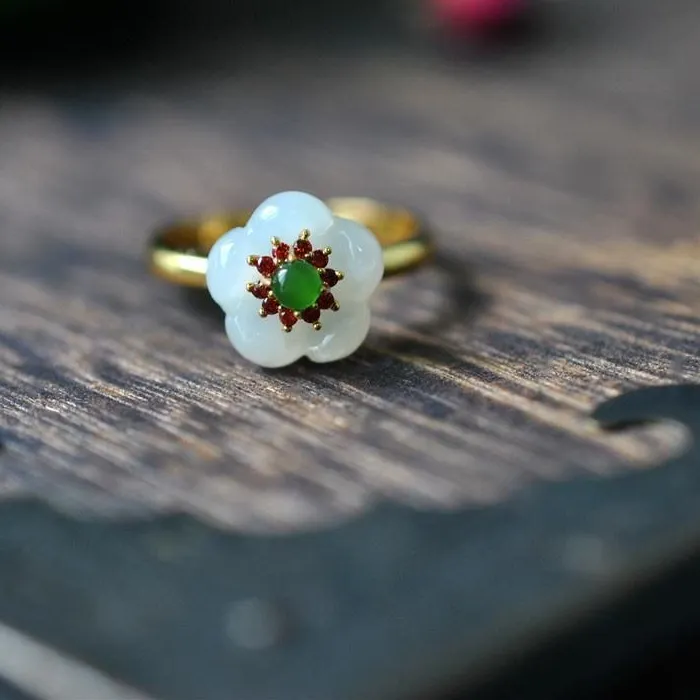 Authentic silver inlaid natural Hotan White Jade Flower Ring Chinese style court minority design charm women's brand jewelry