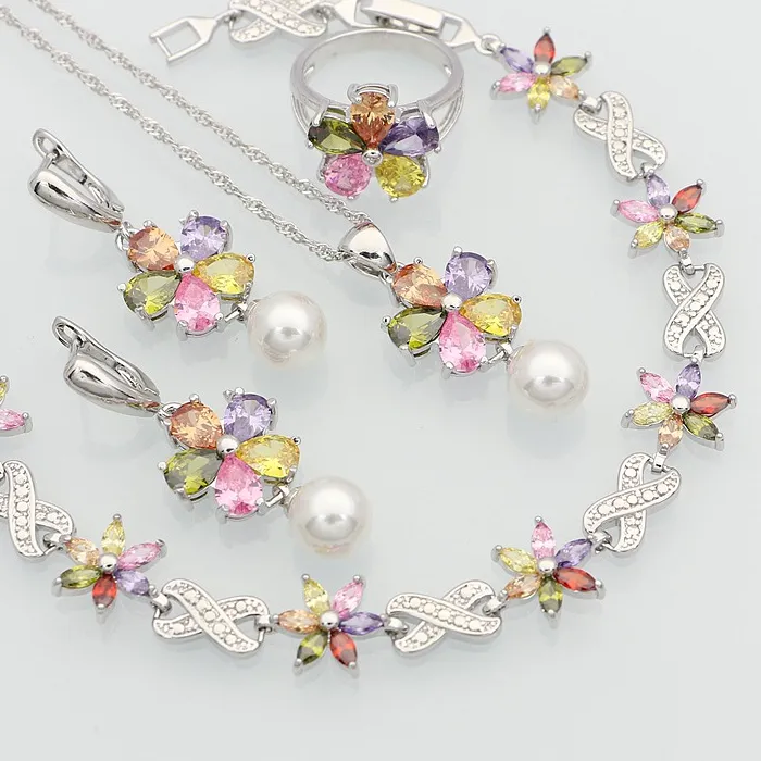 Authentic 925 Sterling Silver Jewelry Multicolor Cubic Zirconia White Pearls Jewelry Sets For Women Necklace/Earring/Bracelet/Pendant/Ring