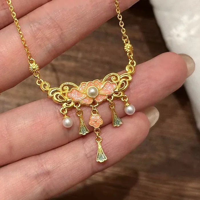 Authentic Vintage exquisite palace style colorful peony flower jewelry sets tassel light luxury pink enamel ring High quality Necklace