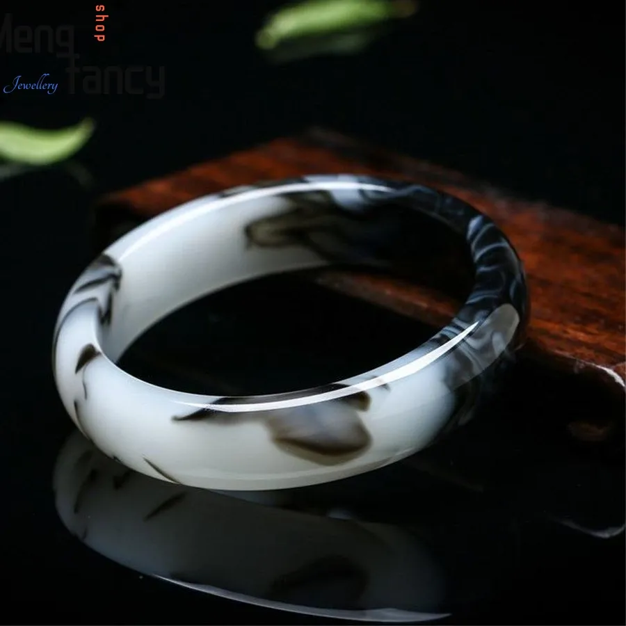 Authentic Natural Hetian Jade Black and White Floating Flower Bangle Exquisite High-grade Luxury Quality Fashion Fine Jewelry Holiday Gift