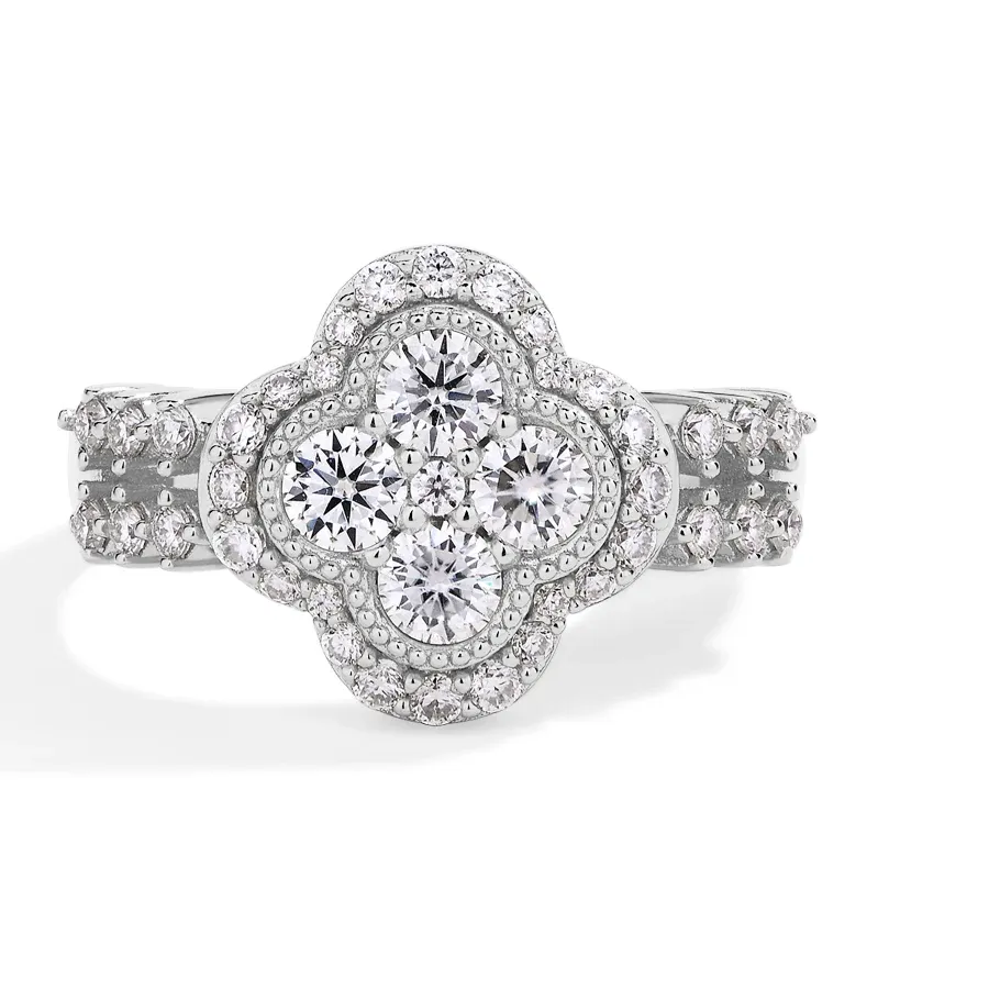 Authentic Fine Jewelry Four-Leaf 18k White Gold Plated Diamond Ring For Women S925 Sterling Silver Engagement Wedding Jewelry