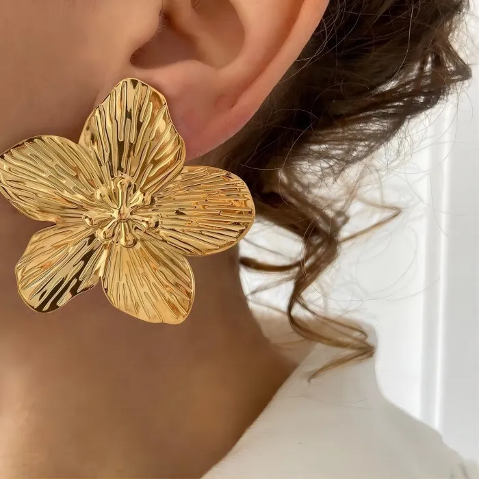 Authentic New Exaggerated Flower Dangle Earrings for Women Gold Color Metal Punk Fashion Silver Color Petals Bohemian Ear Jewelry 2025