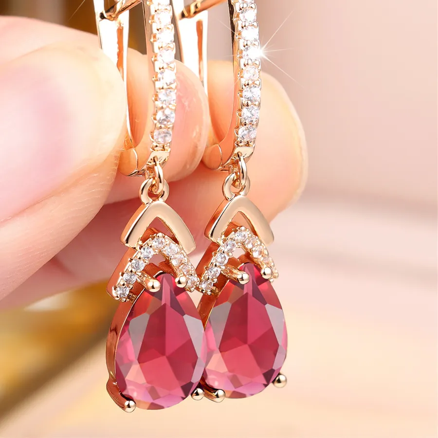 Authentic Rose Red Crystal Water Drop Stone Pendant Hoop Earrings For Women Multicolor Zircon Gold Color Ear Buckle Wedding Jewelry Gifts