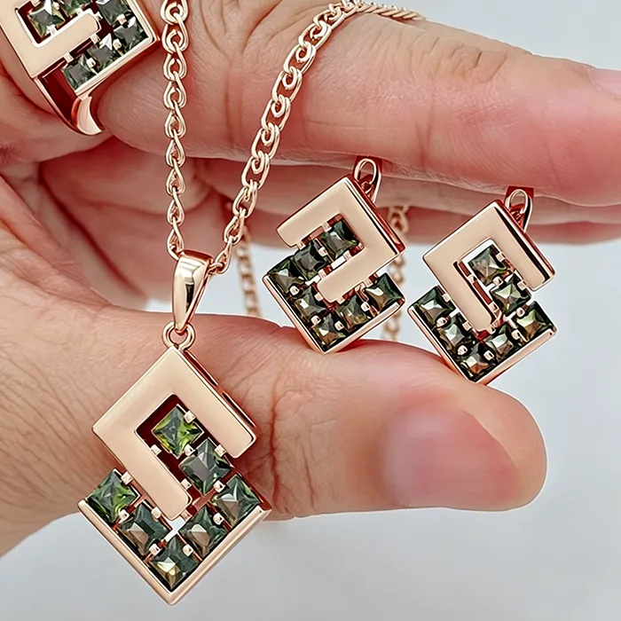Authentic Kinel 585 Rose Gold Color Bridal Wedding Jewelry Sets Olive Green Natural Zircon Ring Earrings Necklace for Women Fine Jewelry