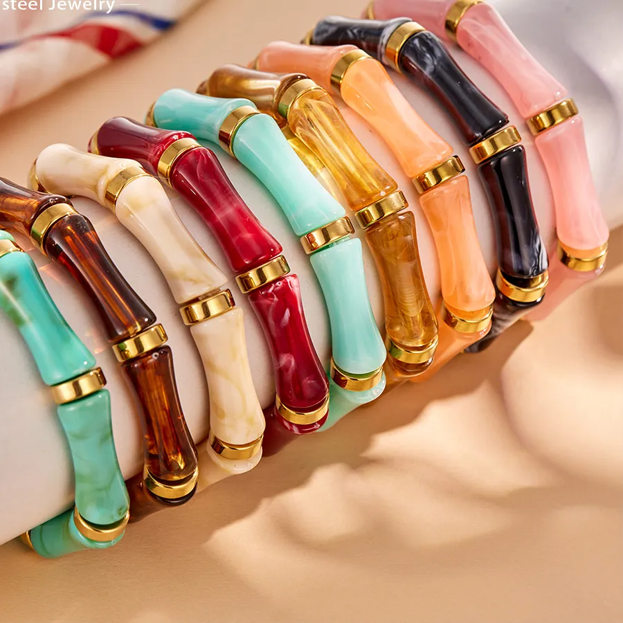 Authentic Bamboo Shape Resin Stretch Bracelet 316L 18K Gold Plated Elastic Bangle For Women Waterproof Stackable Jewelry