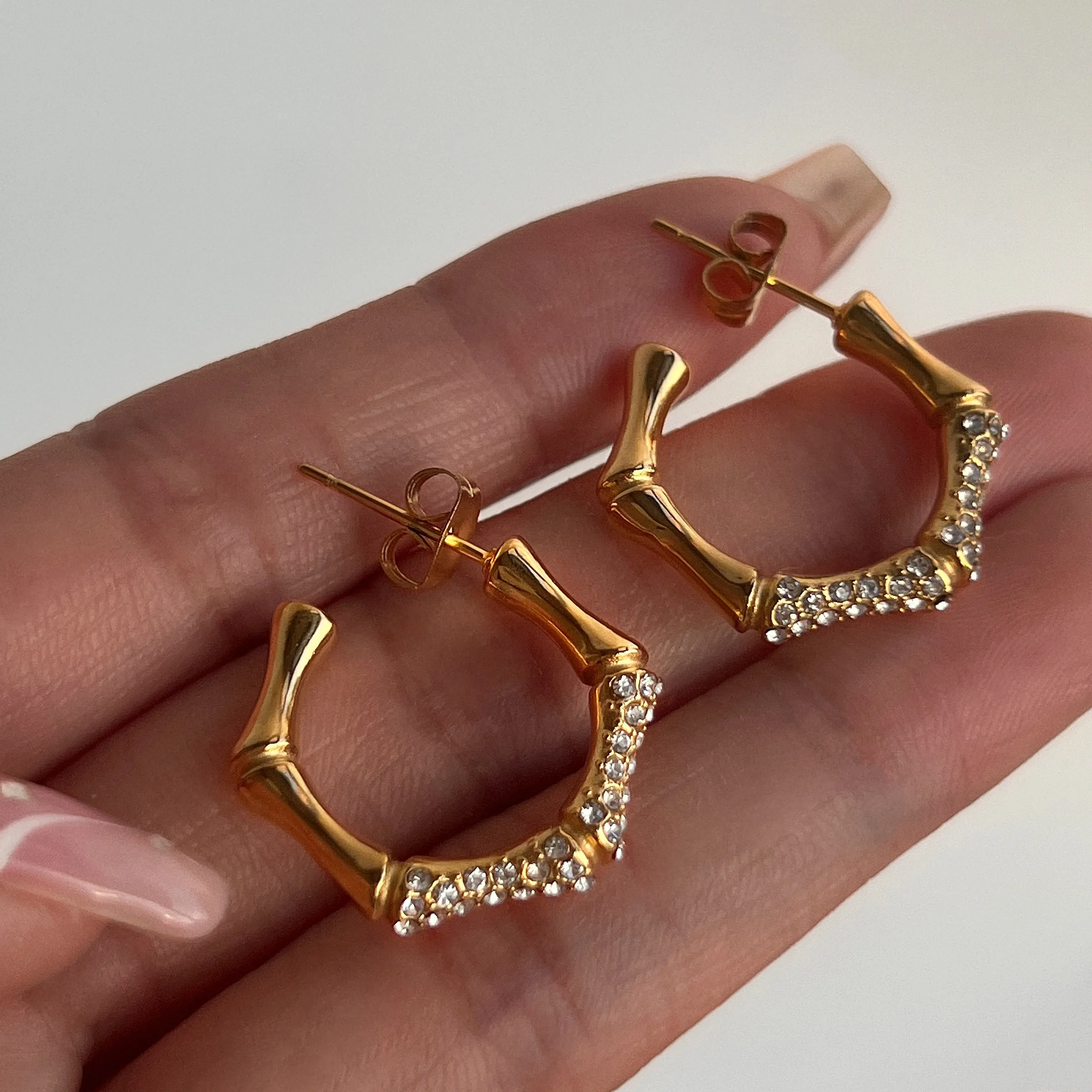 Authentic DASEIN 2025 18k Gold Plated Pentagonal Bamboo Zircon Iced Out Hoop Earrings Unique Hypoallergenic Jewelry