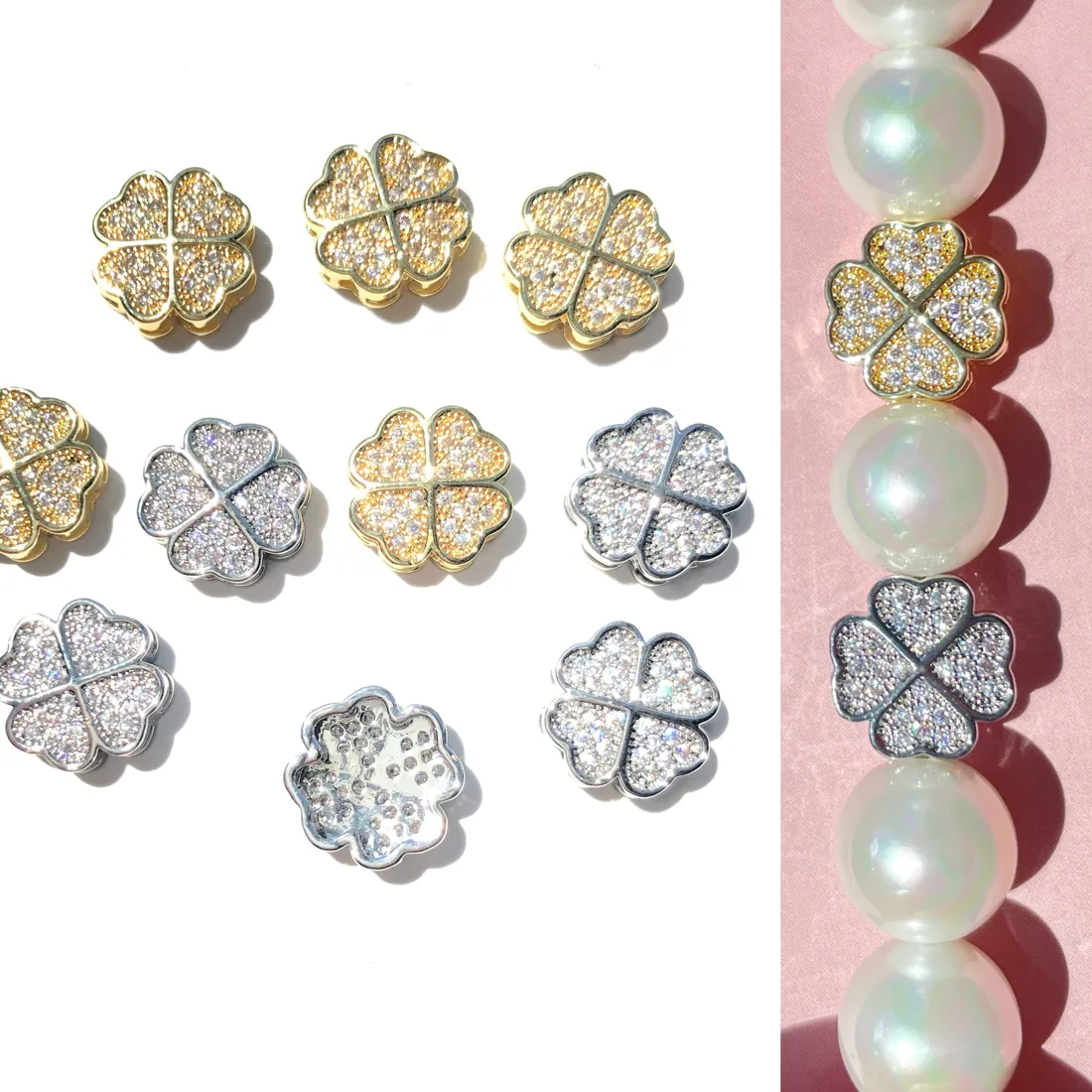 Authentic 10pcs Zirconia Pave Clover Spacers Gold-plated Flower Centerpiece Beads for Women Bracelet Necklaces Jewelry Making Accessory