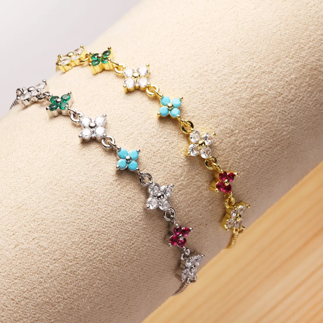 Authentic Colorful Four-leaf Flower Cubic Zirconia Bracelets for Women Girls Luxury 18K Gold Plated Elegance Clover Bracelet Jewelry Gifts