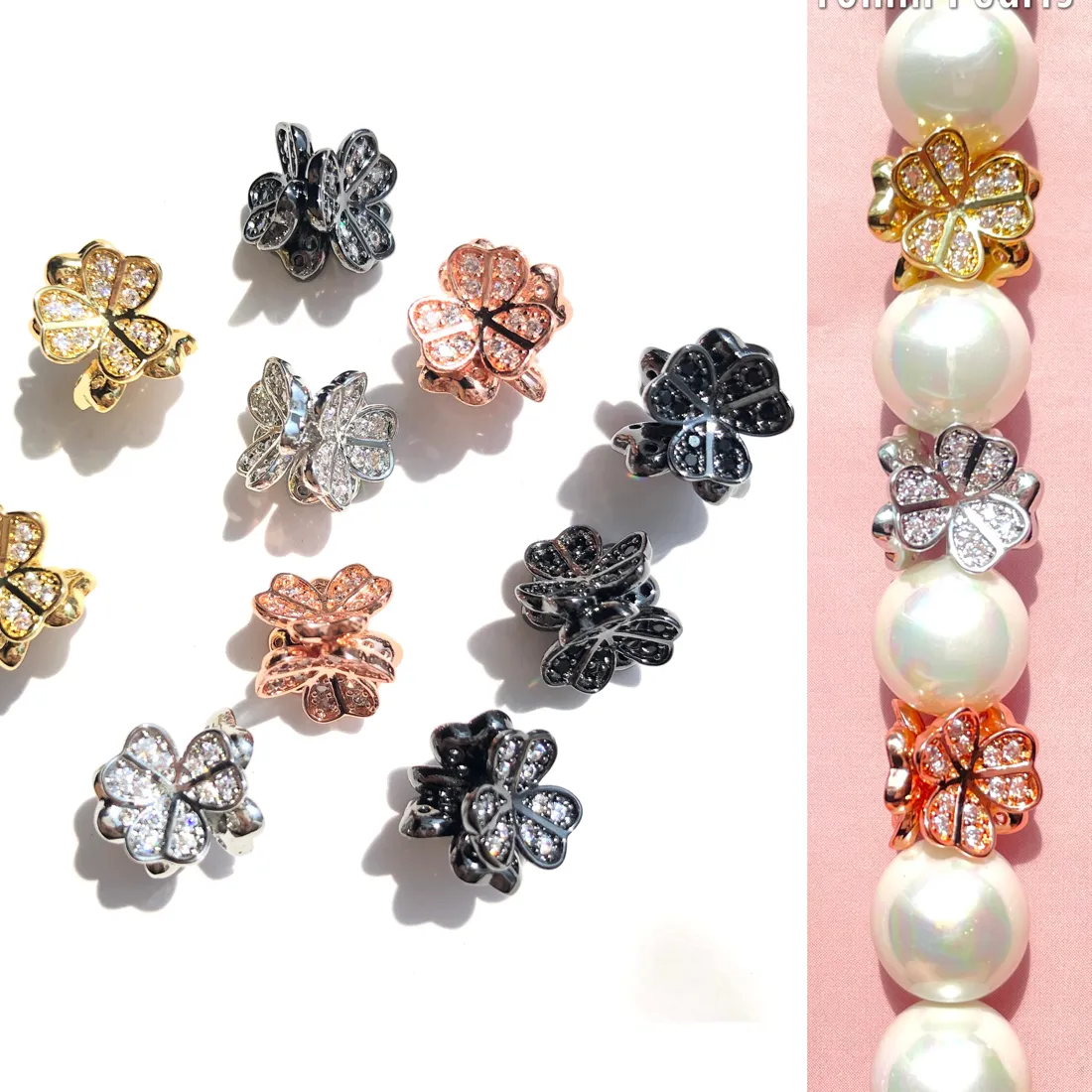 Authentic 10pcs Zirconia Pave Flower Spacers Gold-Plated Clover Focal Beads for Women Bracelet Necklaces Waist Jewelry Findings Wholesale