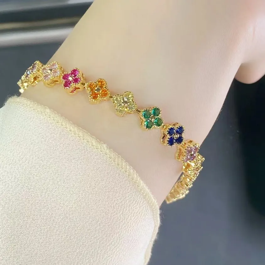 Authentic 1 Pc Copper Plated 18K Gold Clover Colorful Zircon Flower Bracelets Women Dopamine Girls Jewelry Party Accessories